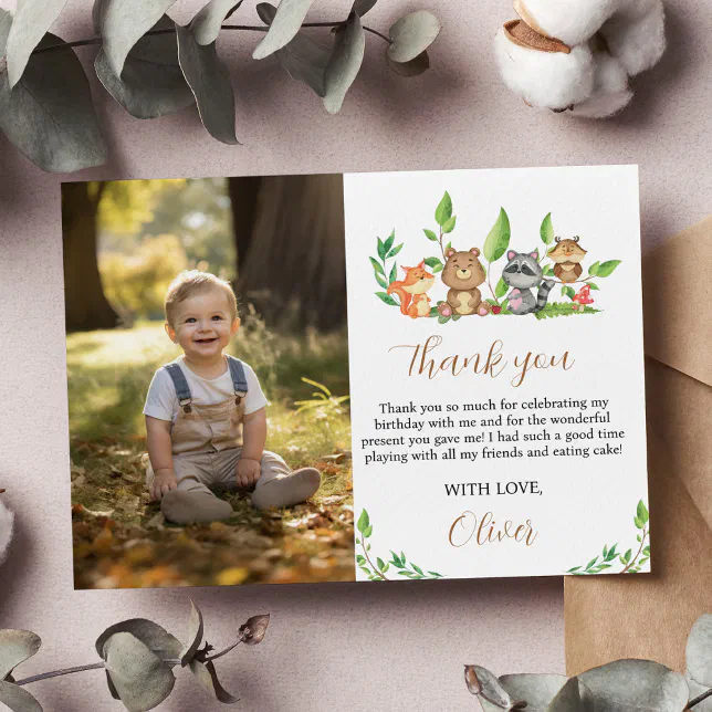 Woodland Wild One Birthday Photo Thank You Card | Zazzle