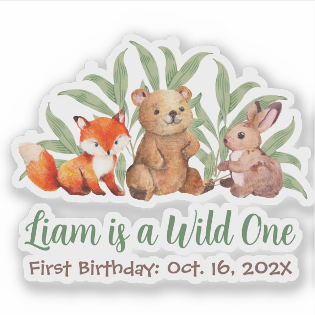 Woodland Wild One Cute Animals Greenery Birthday  Sticker (Front)