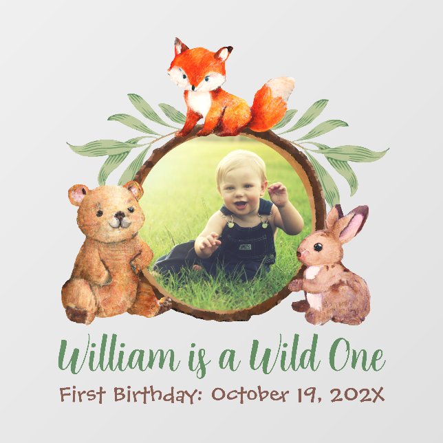 Woodland Wild One First Birthday Photo and Animals Wall Decal (Front)