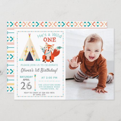 Woodland Wild One Fox Boho Boy 1st Birthday Photo Invitation