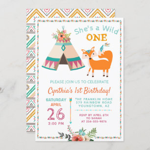 Woodland Wild One Fox Boho Girl 1st Birthday Invitation