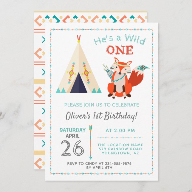 Woodland Wild One Fox Boho Teepee Boy1st Birthday Invitation (Front/Back)