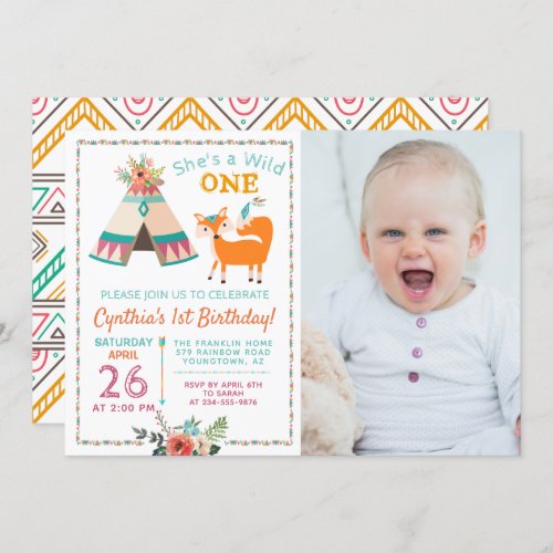 Woodland Wild One Fox Teepee 1st Birthday Photo Invitation