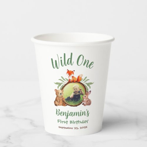 Woodland Wild One Photo Animal Watercolor Birthday Paper Cups