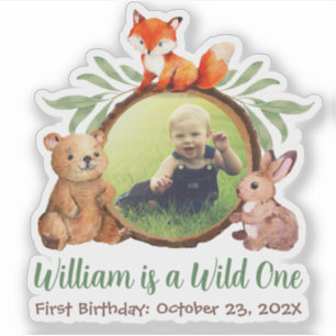 Woodland Wild One Photo Cute Animals 1st Birthday Sticker
