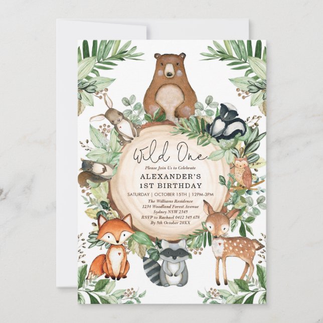 Woodland Wild One Rustic Greenery Animals Birthday Invitation (Front)
