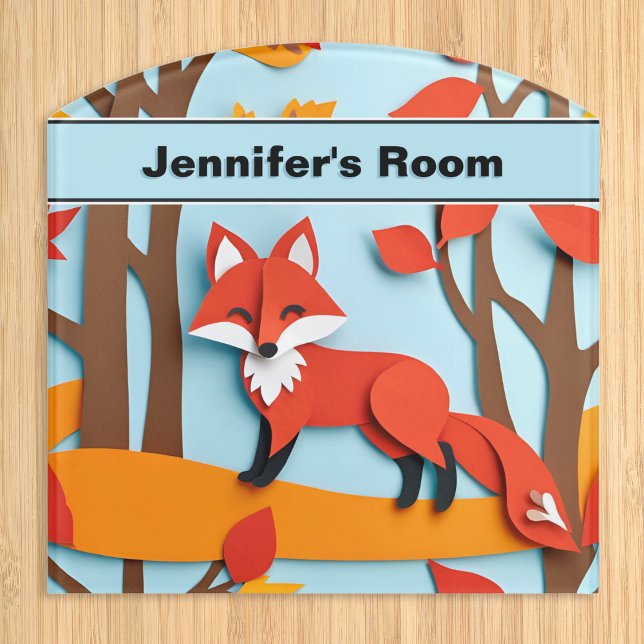 Woodland Wildlife Animal Fox Picture Room Name Door Sign (A personalized door name sign for animal lovers, with a picture of a red fox in woodland)
