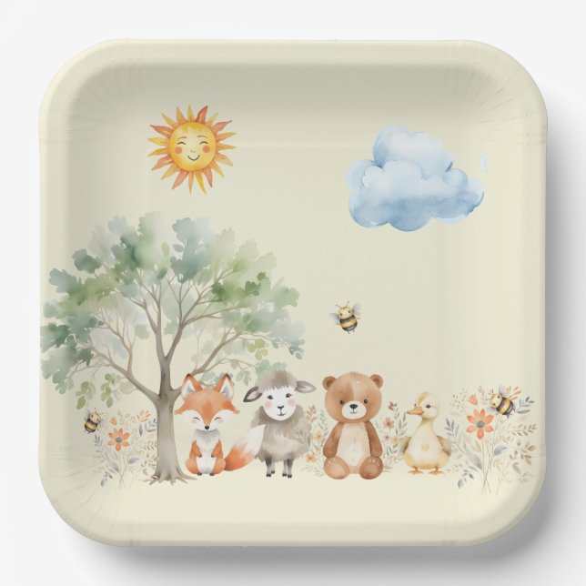 Woodland Wildlife Baby Shower Pale Peach Paper Plates (Front)