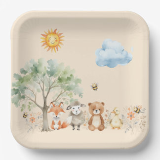 Woodland Wildlife Baby Shower Pale Peach   Paper Plates