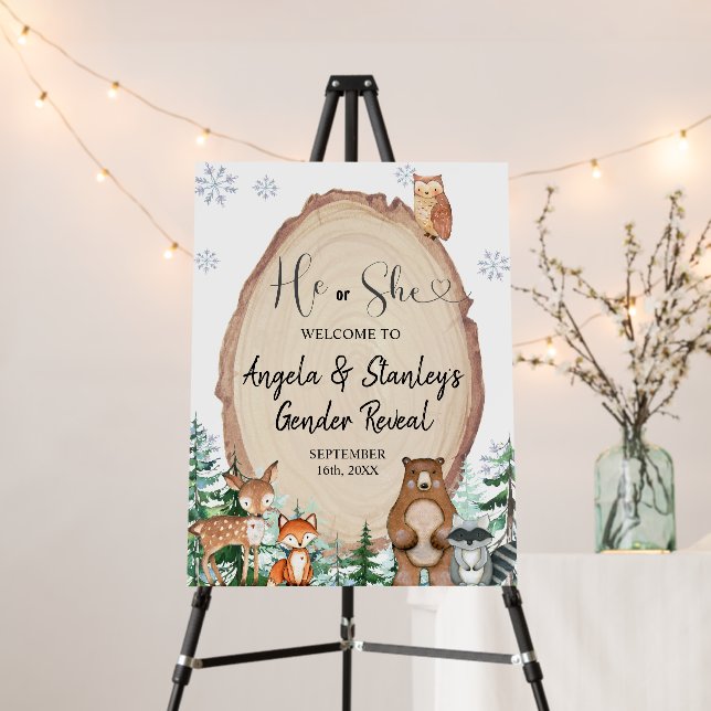 Woodland Winter Animal Gender Reveal Welcome Foam Board (In Situ (Stand))