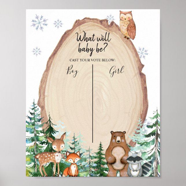 Woodland Winter Animal Voting Board Gender Reveal Poster (Front)
