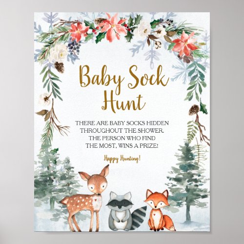 Woodland Winter Animals Forest Baby Sock Hunt Poster
