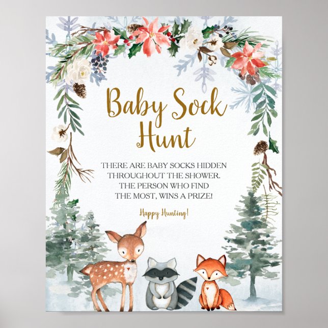 Woodland Winter Animals Forest Baby Sock Hunt Poster (Front)