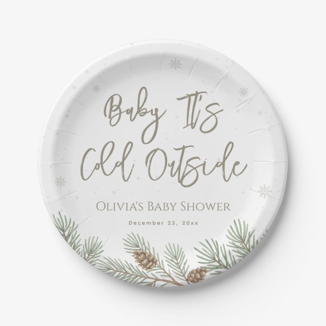 Woodland Winter Baby It's Cold Outside Baby Shower Paper Plates (Front)