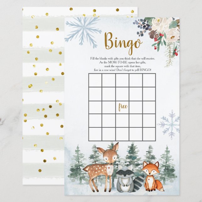 Woodland Winter Baby Shower Forest Animal Bingo (Front/Back)