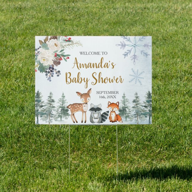 Woodland Winter Baby Shower Forest Animals Welcome Sign (Insitu)