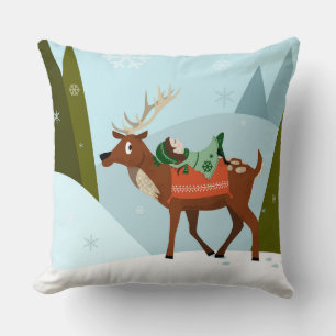 WOODLAND Winter cute deer & elf in snow Christmas Throw Pillow
