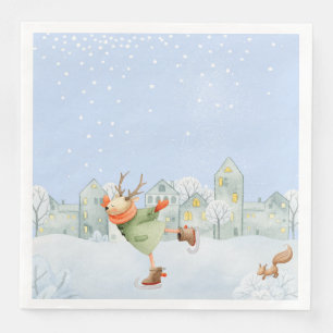 WOODLAND WINTER FRIENDS- ICE SKATING REINDEER PAPER DINNER NAPKINS