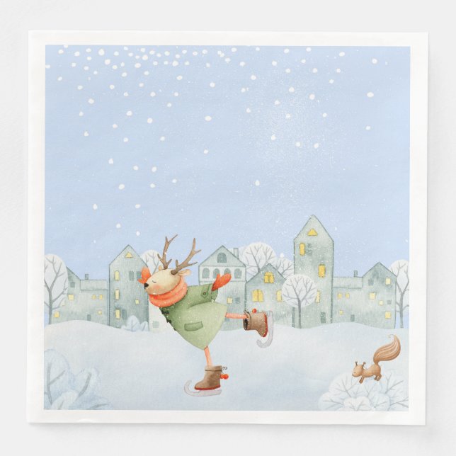 WOODLAND WINTER FRIENDS- ICE SKATING REINDEER PAPER DINNER NAPKINS (Front)