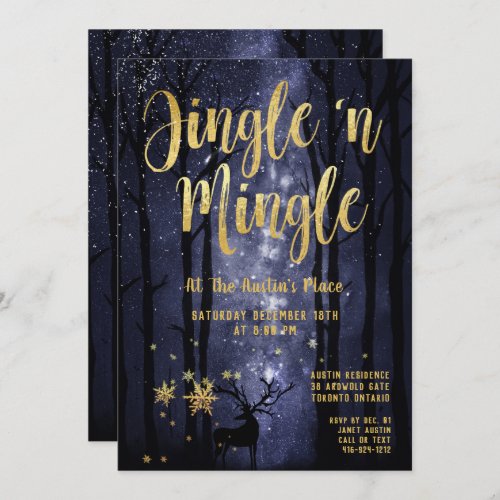 Woodland Winter Jingle Mingle Gold Holiday Party Invitation