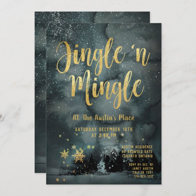 Woodland Winter Jingle Mingle Gold Holiday Party Invitation (Front/Back)