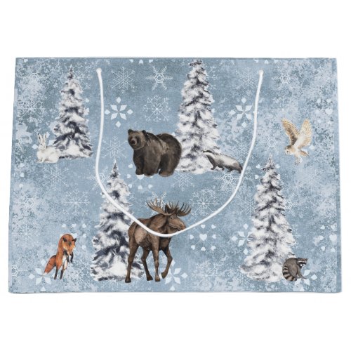 Woodland Winter Moose Christmas Tree  Snowflake La Large Gift Bag