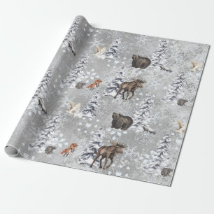 Woodland Winter Moose Christmas Tree Snowflake Wrapping Paper