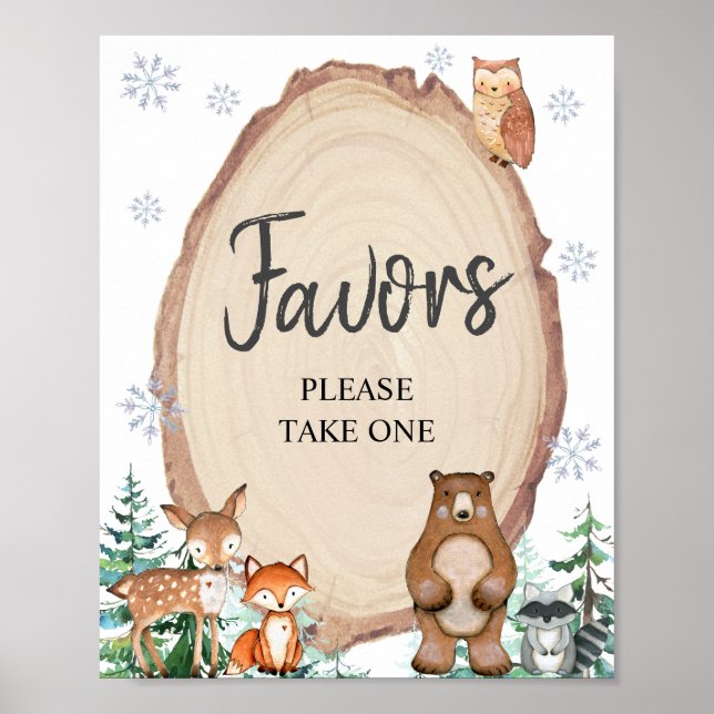 Woodland Winter Onederland Birthday Favors Poster (Front)