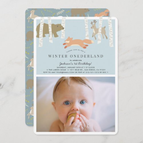 Woodland Winter Onederland Blue Photo 1st Birthday Invitation