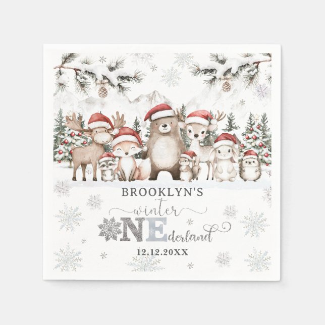 Woodland Winter ONEderland Christmas 1st Birthday Napkins (Front)