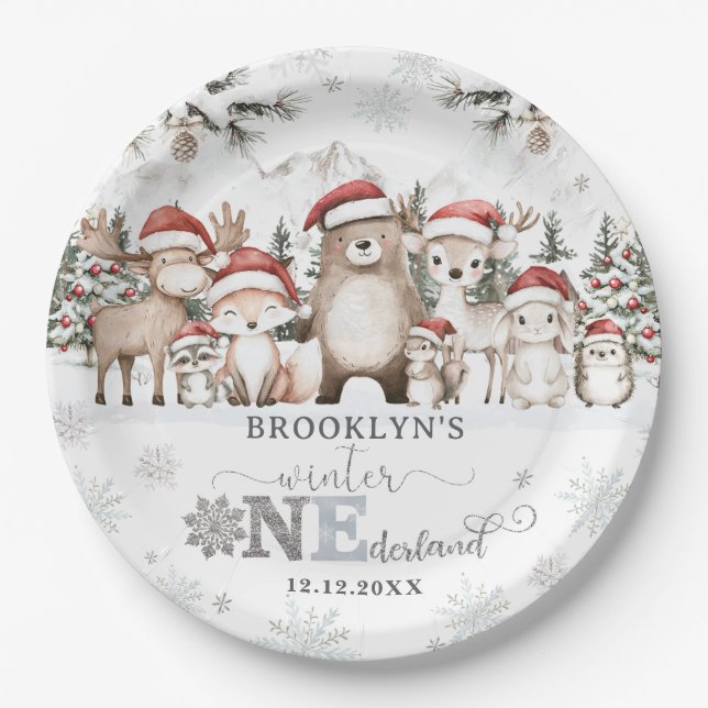Woodland Winter ONEderland Christmas 1st Birthday Paper Plates (Front)