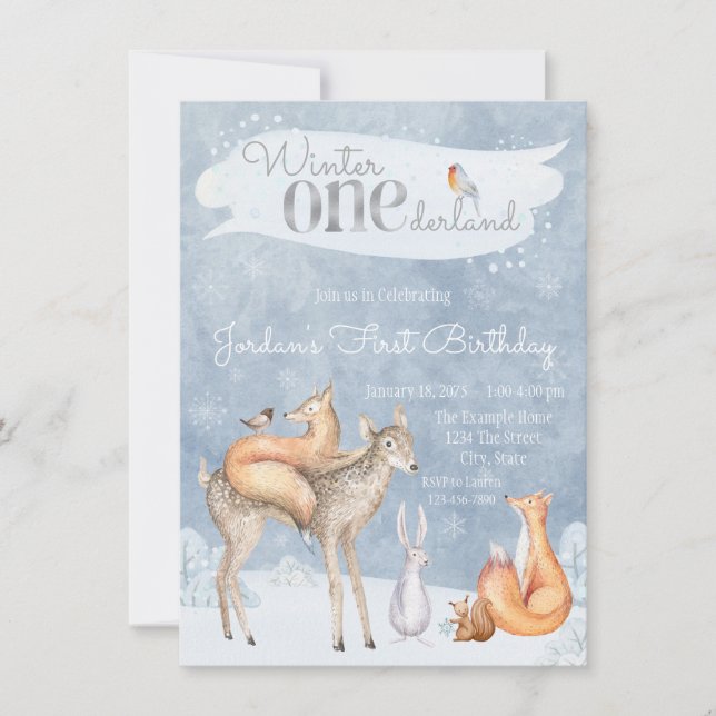 Woodland Winter ONEderland First Birthday Party Invitation (Front)