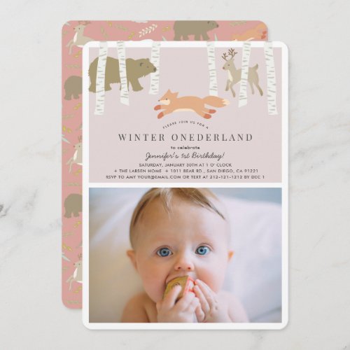 Woodland Winter Onederland Pink Photo 1st Birthday Invitation