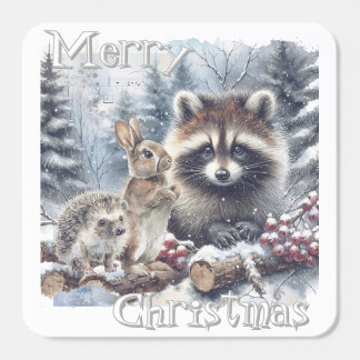 Woodland Winter Rabbit Hedgehog Raccoon Square Sticker