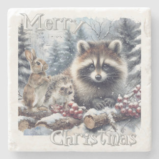 Woodland Winter Rabbit Hedgehog Raccoon Stone Coaster
