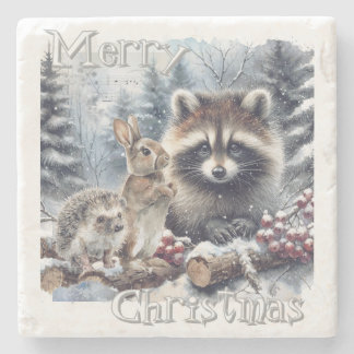 Woodland Winter Rabbit Hedgehog Raccoon Stone Coaster