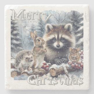 Woodland Winter Rabbit Hedgehog Raccoon Stone Coaster