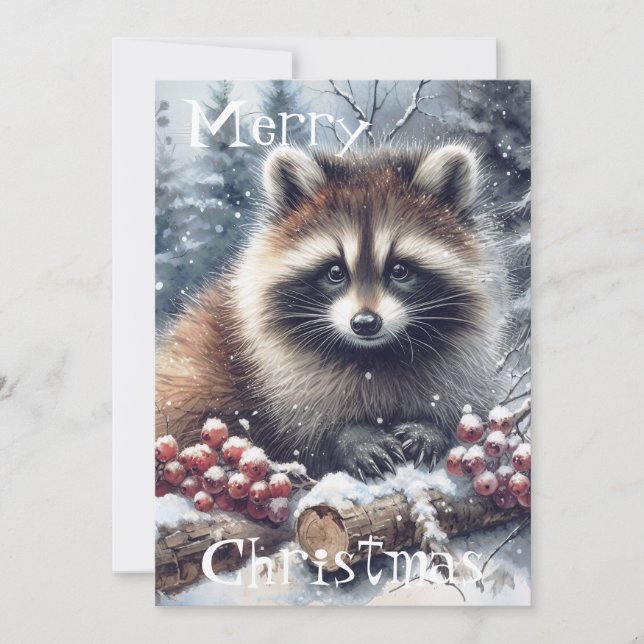 Woodland Winter Raccoon Christmas Watercolor Holiday Card (Front)