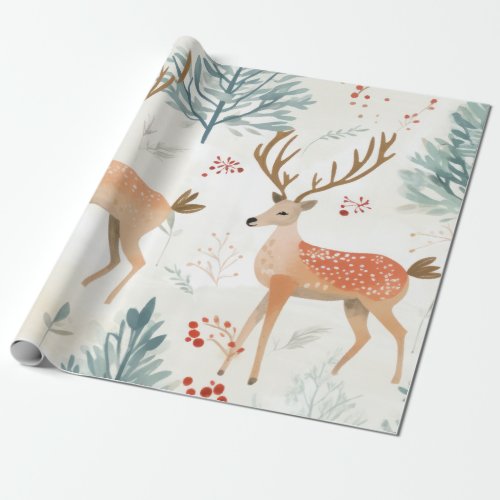 Woodland Winter Watercolor Deers Christmas Wrapping Paper