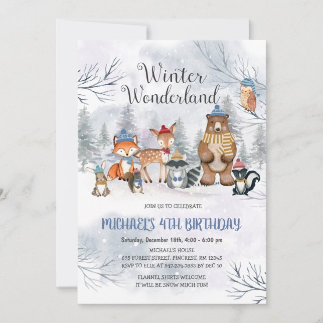 Woodland Winter Wonderland Birthday Boy Invitation (Front)