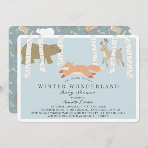 Woodland Winter Wonderland Blue Baby Shower Invitation