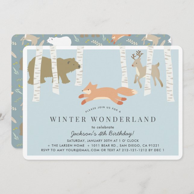 Woodland Winter Wonderland Blue Birthday Invitation (Front/Back)