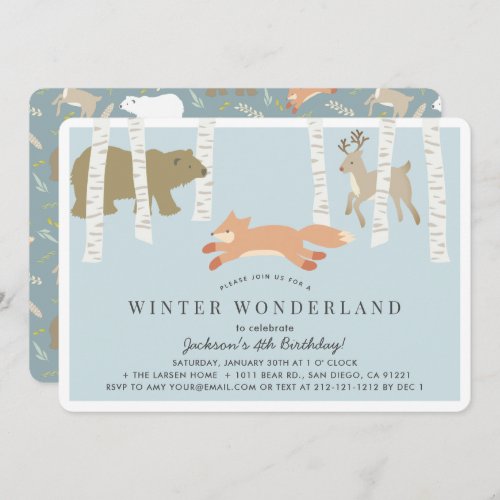Woodland Winter Wonderland Blue Birthday Invitation