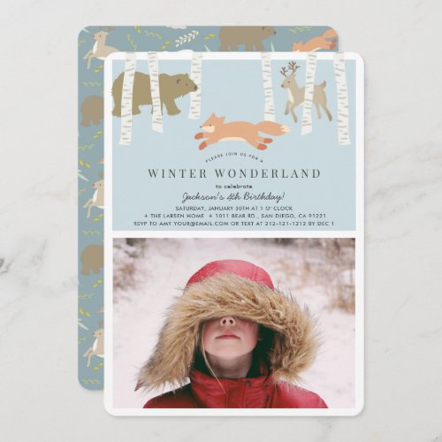 Woodland Winter Wonderland Blue Photo Birthday Invitation