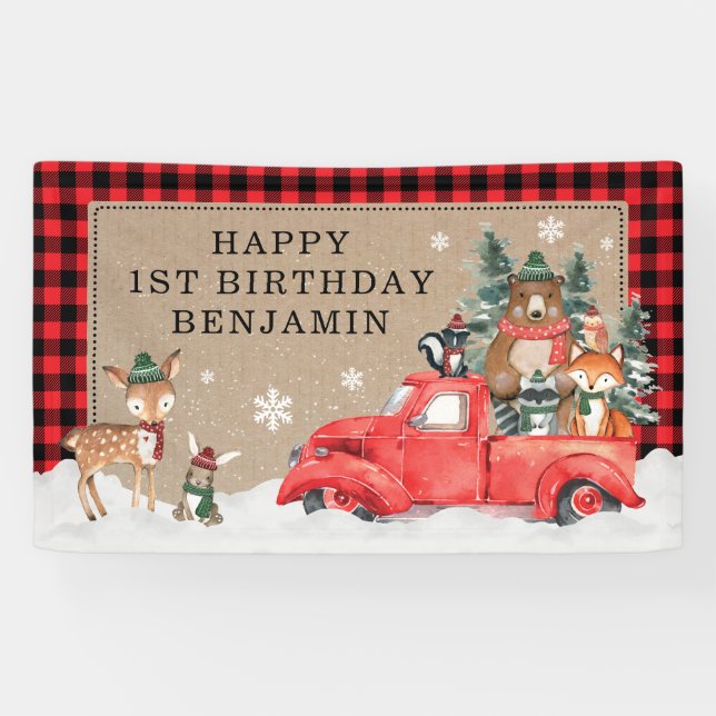 Woodland Winter Wonderland Forest Animals Birthday Banner (Horizontal)