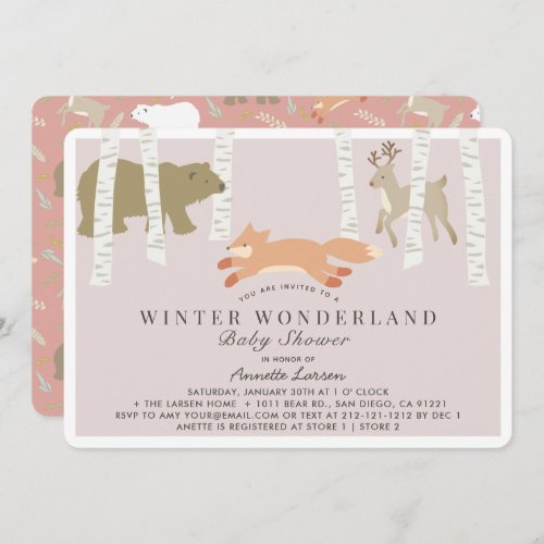 Woodland Winter Wonderland Pink Baby Shower Invitation