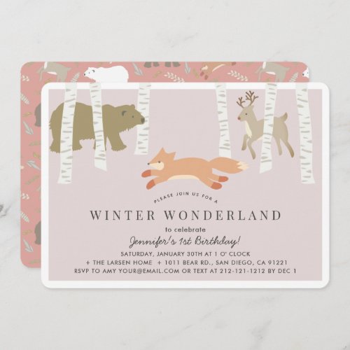 Woodland Winter Wonderland Pink Girl Birthday Invitation