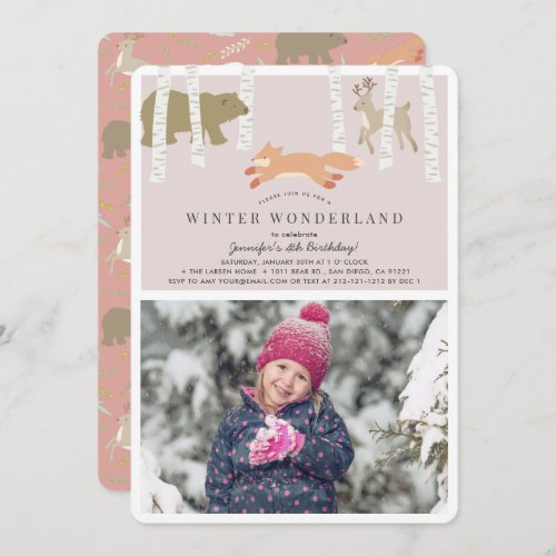 Woodland Winter Wonderland Pink Photo Birthday Invitation