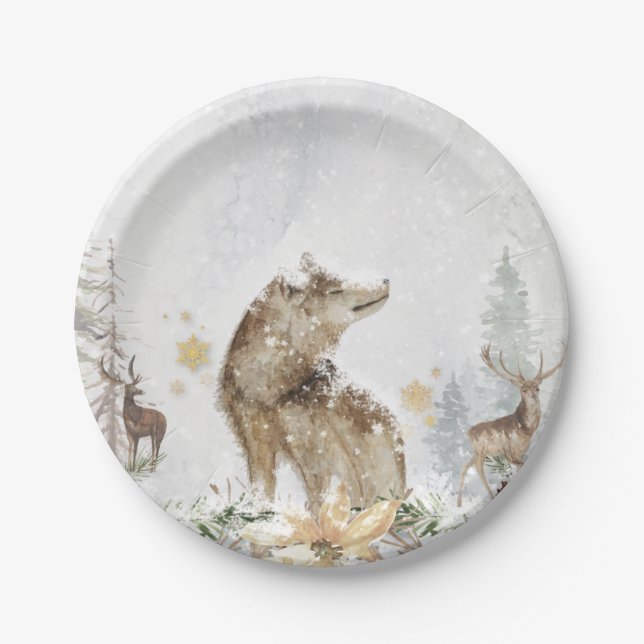 Woodland Wolf and Deer Forest Paper Plates (Front)