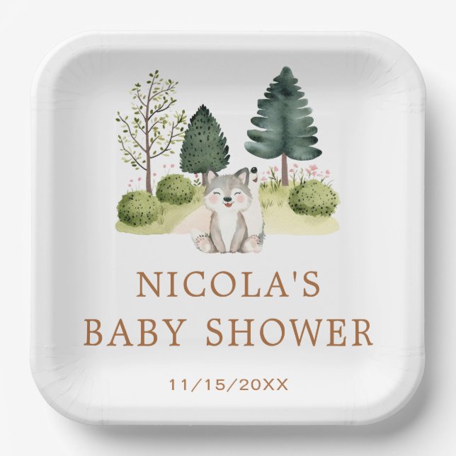 Woodland Wolf Baby Shower Paper Plates (Front)